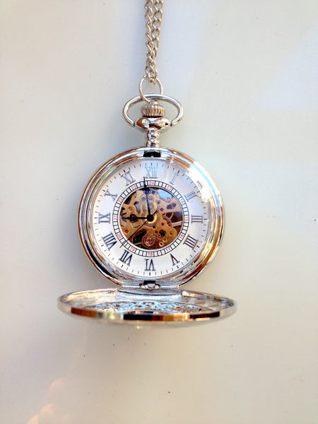 SteamPunk  Silver Mechanical Pocket Watch