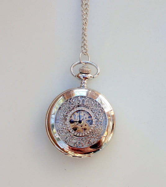 SteamPunk  Silver Mechanical Pocket Watch